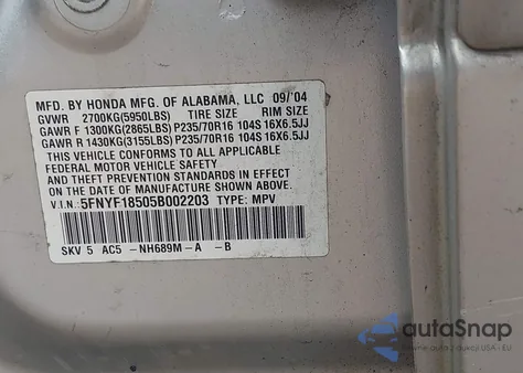 2005 Honda Pilot Ex-L из США, поврежденный, VIN 5FNYF18505B002203